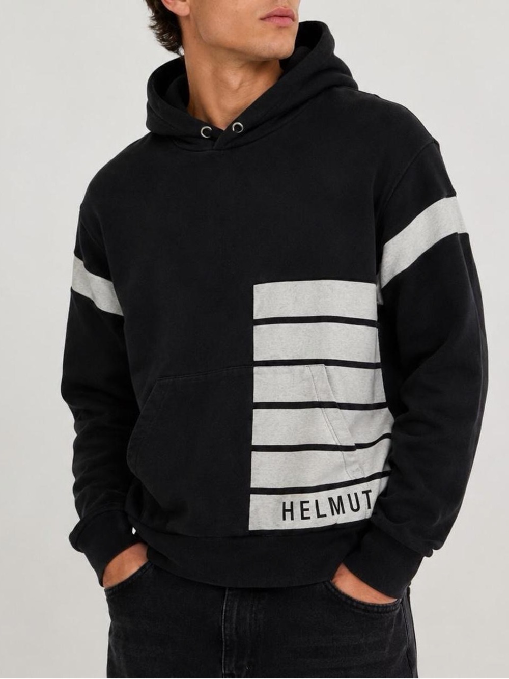 Helmut Lang Black Striped Logo Hoodie Sweatshirt Size S Made in Portugal